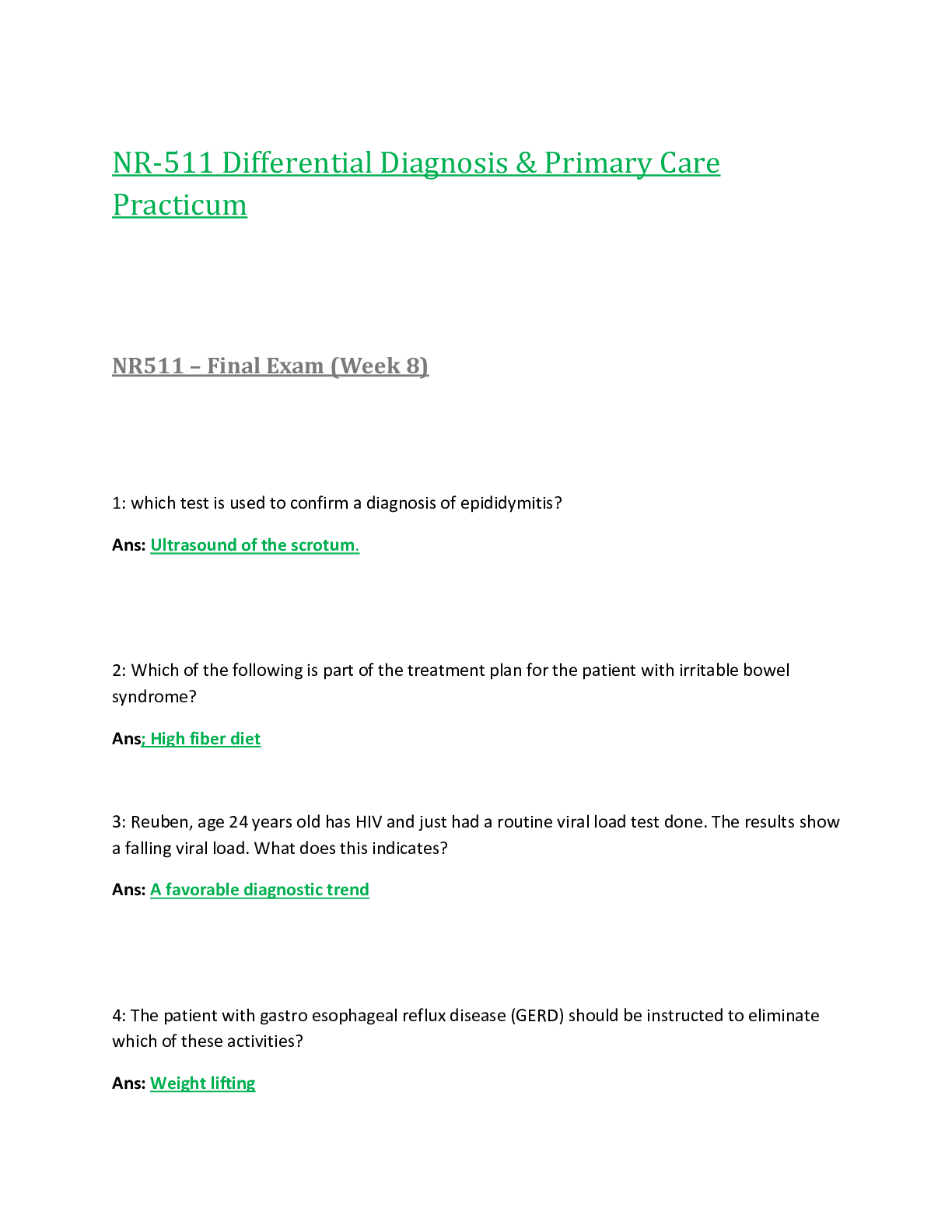 Preview of NR511 / NR 511 Final Exam  : Differential Diagnosis & Primary Care Practicum - Chamberlain